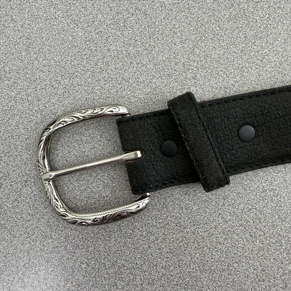 Tony Lama Western Leather Belt Mens 34 Black Silver Buckle Cowboy Workwear 1.5